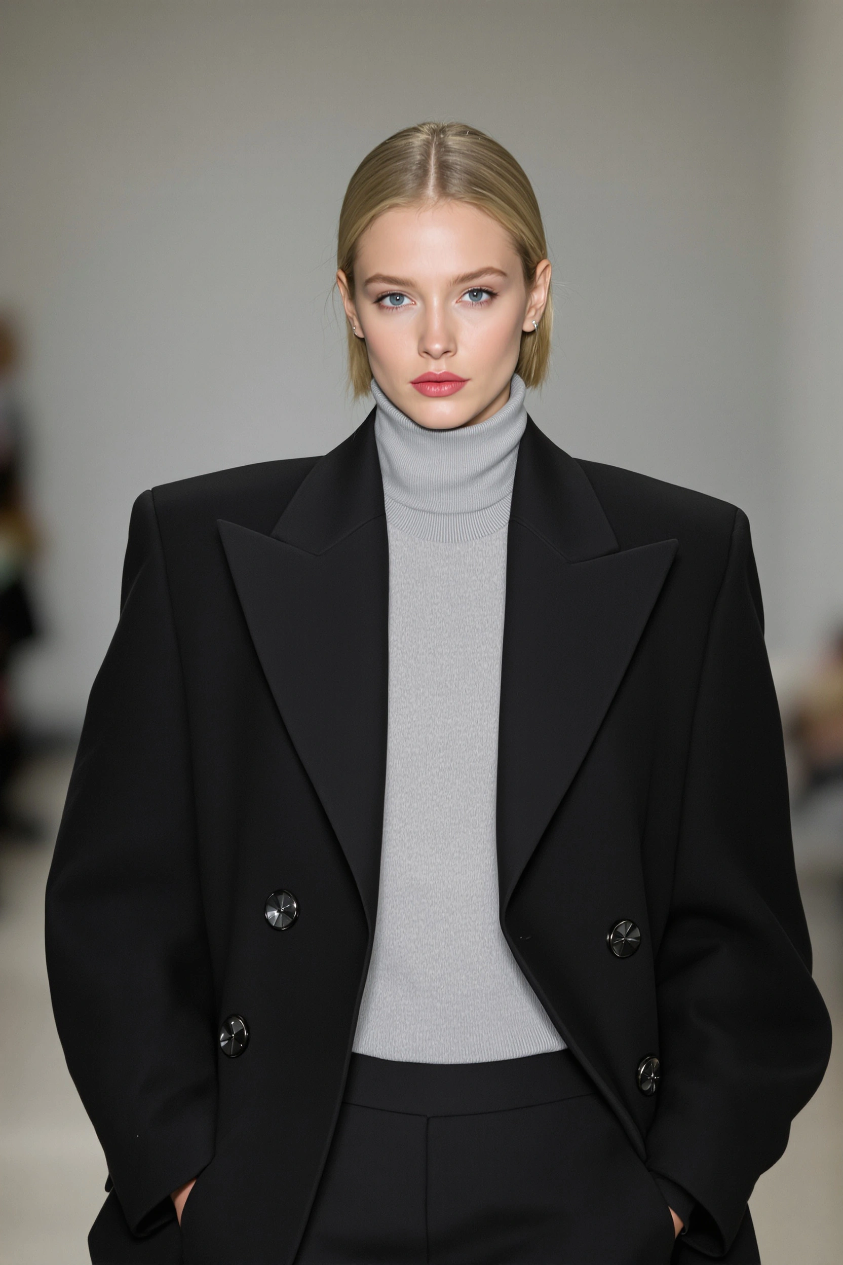 Женщина стоит на подиуме в образе от Balenciaga: объемный черный двубортный пиджак с массивными плечами, под ним светло-серая водолазка, лаконичные темные брюки, минималистичный нейтральный фон. Средний план, уверенный прямой взгляд в камеру.