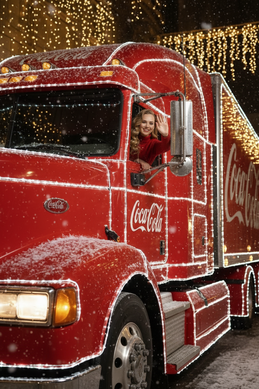 Изображение показывает часть красного грузовика Coca-Cola, украшенного множеством белых огней.

Кабина грузовика ярко-красная, с логотипом "Coca-Cola" на передней части. На кабине есть несколько круглых фар. За рулем в кабине сидит человек в красном свитере с горловиной. Одной рукой махает в знак приветствия. Выражения лица счастливое и улыбчивое. Огни гирлянды  очерчивают контуры грузовика, подчеркивая его форму. На кабине видны следы снега.

Кузов грузовика имеет большие панели с надписью "Coca-Cola". Эти панели также очерчены белыми огнями.

Ракурс нижний. Камера ниже объекта съёмки. Средний план (medium shot).

Мягкий снег падает. Атмосфера — реалистичная, теплая и кинематографичная. Сияющие рождественские огоньки и украшения создают яркую теплую атмосферу. Разрешение 8K, акцент на текстуры объектов, снег и сверкающие огоньки на заднем фоне. —ar 3:4 —v.

Не меняй черты лица. 