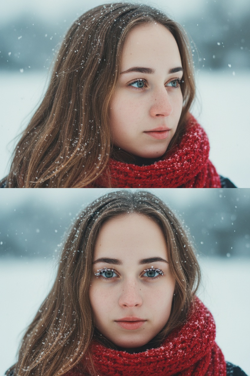 Создай коллаж из двух кадров человека, снятых крупным планом на улице зимой. Камера расположена близко, чтобы в кадре были видны лицо, шея и часть одежды. Главный акцент — на лице, глазах и снежинках, которые легли на волосы и ресницы.

Освещение мягкое, естественное, как в пасмурный зимний день. Вокруг падает лёгкий снег, отдельные снежинки чётко видны в воздухе и на коже. Фон — мягко размытый, с холодными оттенками (бело-голубой, серо-синий).

Первый кадр — человек смотрит в сторону, выражение мягкое, задумчивое, естественное. Крупный план лица, видно часть красного шарфа.
Второй кадр — прямой взгляд в камеру, нейтральное или лёгкое выражение лица, ресницы в снегу. Крупный план лица, видно часть красного шарфа.

Кожа чистая и естественная, без ретуши, текстура лица и губ сохранена. Фото выглядят как профессиональная зимняя портретная съёмка крупным планом, с эффектом свежести и спокойствия.

Оба кадра объединены в вертикальный коллаж в едином тоне и свете. Атмосфера — реалистичная, теплая и немного кинематографичная.
