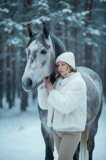 Фотосессия с лошадью в заснеженном зимнем лесу. Масть лошади - серая. Атмосфера тишины, лёгкого волшебства и нежности. Не меняй внешность, возраст, пол, цвет волос и кожи человека, представленного на фото. Человек одет в белая шуба, белай шапка, бежевые джинсы и белая водолазка. Мягкий рассеянный зимний свет, падающий снег, холодные приглушённые оттенки, кинематографичный стиль. Верх по пояс. Человек прижата плечом к шее лошади, обе смотрят в одну сторону. Атмосфера уюта и защищённости, снег медленно падает между камерой и героями. Позади тёмный зимний лес в мягком размытии.