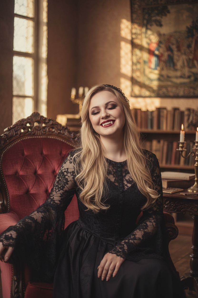 Готический портрет в винтажной обстановке. Женщина в чёрном наряде с кружевными элементами сидит на старинном кресле. На лице яркий макияж с акцентом на глаза и губы, видны клыки вампира. Выражение лица радостное, с лёгкой улыбкой и закрытыми глазами. Атмосфера тёплая, мистическая, с мягким светом и ретро-настроением.