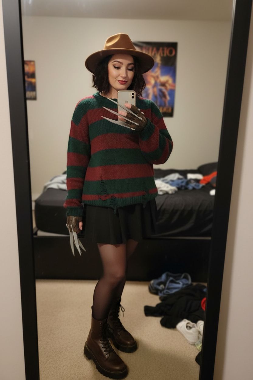 Фото женщины в костюме, вдохновлённом Фредди Крюгером: красно-зелёный вязаный свитер, коричневая шляпа, чёрная мини-юбка, прозрачные чёрные колготки и грубые ботинки. На одной руке — металлическая перчатка с когтями. Она делает селфи в зеркале спальни на iPhone.