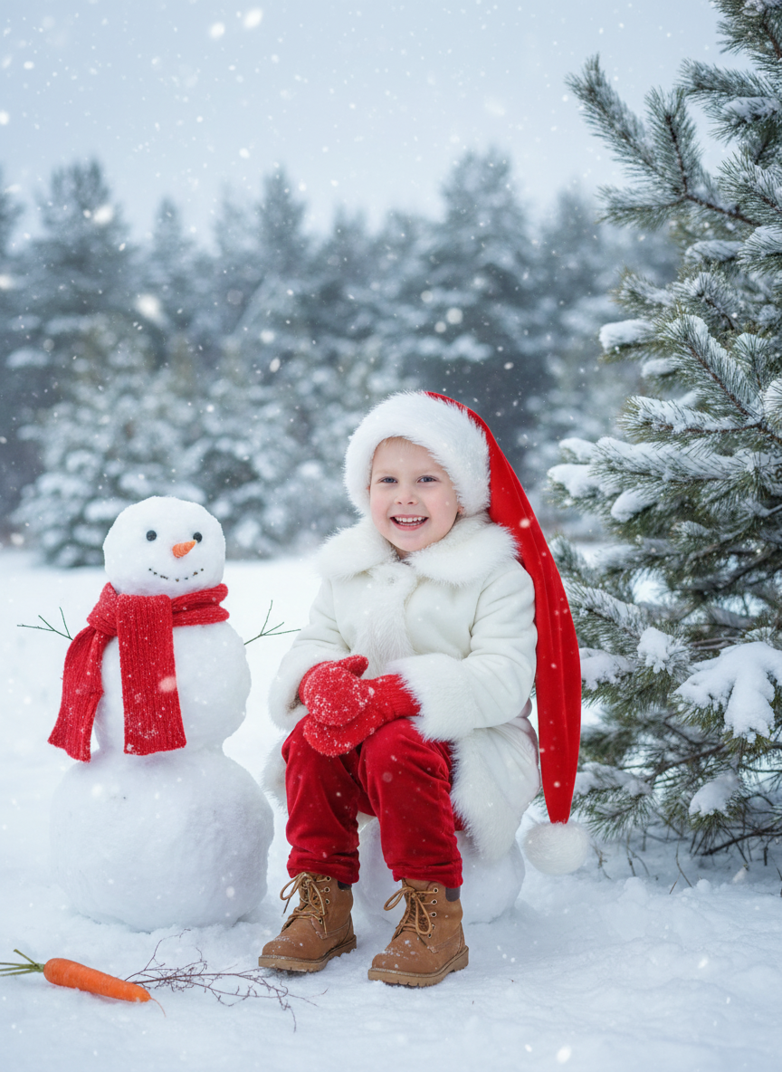  Создайте фотографию счастливого улыбающегося ребенка в 8K-качестве, в длинной шапке Санты, доходящая до бёдер, красных варежках и  и белое зимнее пальто или куртка с отделкой и подкладкой из белого меха или шерпы на воротнике, манжетах и ​​спереди поверх красных бархатных брюк. Коричневые ботинки из замши со шнурками. Рядом с ребенком лежит морковка, сухие веточки. Снеговик из трех снежных шаров. На снеговике красный вязанный шарф. Справа видны заснеженные сосновые ветки. На заднем плане — заснеженный лес. Это идиллическая и праздничная зимняя фотография с мягким падающим снегом. Bзображение передаёт нежное, игривое и немного волшебное ощущение. Сохраните черты лица человека на представленном фото.