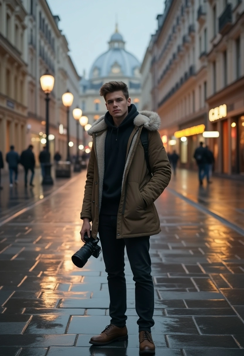 Мужчина с фотоаппаратом стоит перед ГУМом, фасад которого отражается в лужах на площади, вокруг лёгкий вечерний туман