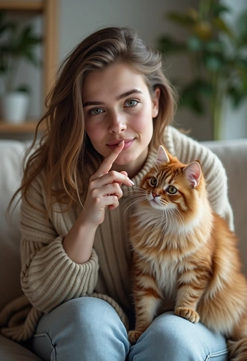 Женщина наклонилась к пушистому шотландскому коту, который сидит у неё на коленях. Она игриво касается его носа кончиком пальца, а кот удивлённо смотрит в камеру. Позади минималистичный интерьер с растениями и деревянной мебелью.