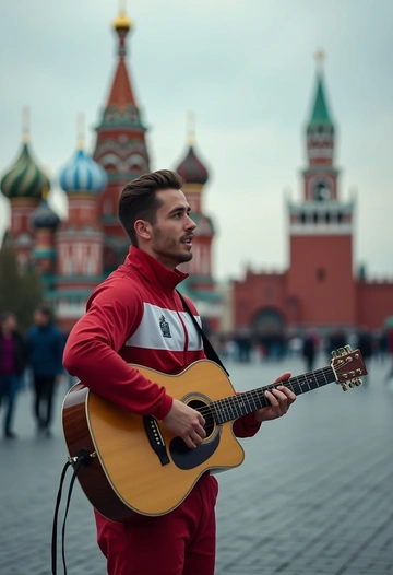 Мужчина в спортивном костюме стоит на площади у Красной площади в Москве, играя на гитаре, привлекая внимание прохожих и туристов.