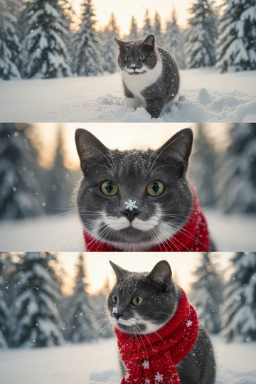     Коллаж из 3-Х фото моего питомца на зимнем фоне в снегу. Питомец в вязаном шарфе, вокруг падает снег, на заднем плане заснеженный лес.

Первый кадр — питомец в полный рост. Он играется со снегом 

Второй кадр — крупный план, увеличенный кадр мордочки питомца с одной снежинкой на носике. Мордочка питомца занимает весь кадр, взгляд прямо в камеру 
 
Третий кадр - портрет питомца, он смотрит в левую сторону. На фото виден шарф, на шарфу есть снежинки 

Три кадра объединены в вертикальный коллаж в едином тоне и свете. Атмосфера — реалистичная, теплая и немного кинематографичная.
Свет мягкий, утренний.  Цвет шарфа - красный 