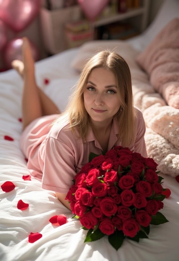 Фото на белоснежной постели в светлой, уютной спальне. На мне атласная пижамная рубашка на пуговицах и атласные пижамные шорты нежно-розового цвета, которые мягко переливается на утреннем свету. Постель слегка растрёпана: одеяло помято, на нём хаотично разбросаны бархатистые лепестки роз. Рядом с кроватью аккуратная тумбочка, на ней лежат книги. Вокруг висят блестящие большие воздушные шары в форме сердца розового и серебряного цветов. Лучи солнца проникают через окно, ложась на волосы и плечи, добавляя мягкого свечения и тепла. Спальня оформлена в светлых бежевых тонах. Декоративные подушки с нежным текстурным рисунком, некоторые чуть смяты и сдвинуты. Цветовая гамма - светло-бежевая и пастельно-розовая. В руках я держу большой букет из множества красных роз. Он выглядит эффектно и контрастирует с мягкостью пастельных тонов спальни. 