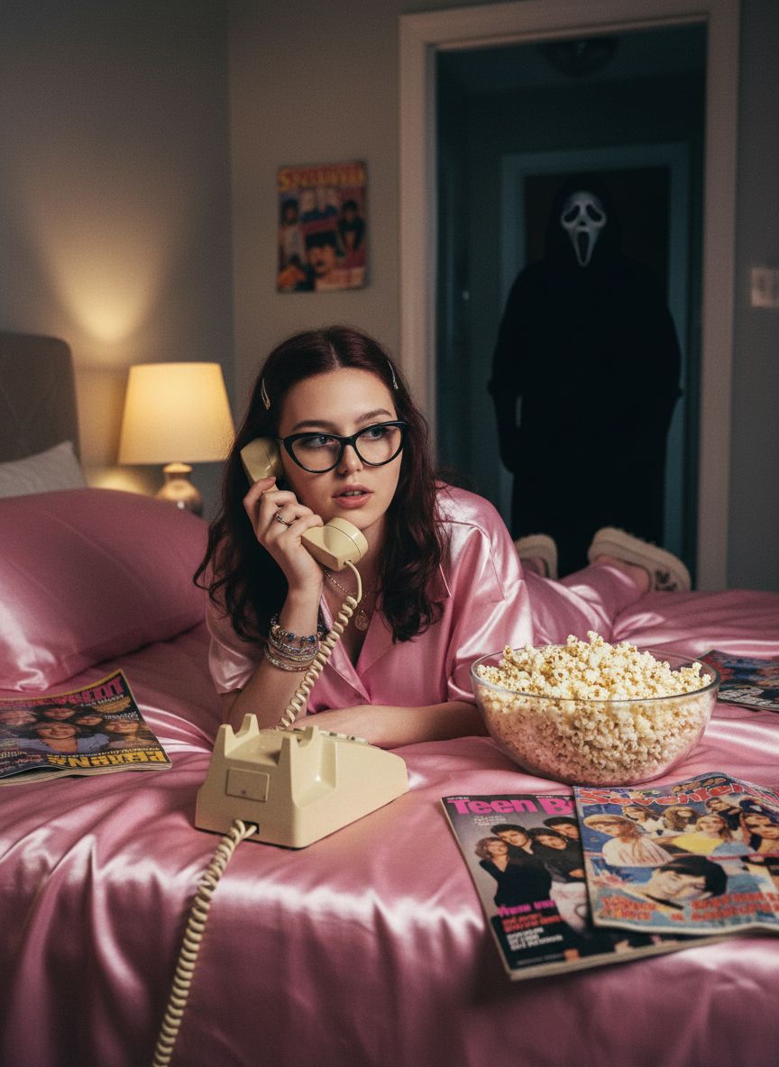 Сделай фото не искажая лица - оно должно оставаться такими же, как на прикрепленной фотографии, эстетика Y2K, сцена из фильма "Крик" 90-х. Персона лежит на кровати, застеленной атласными простынями розового цвета. Персона прижимает к уху старинный стационарный телефон кремового цвета со смотанным шнуром. Рядом с ней стоит миска, наполненная попкорном, и несколько разбросанных подростковых журналов 90-х годов. На заднем плане, в темном дверном проеме коридора, в тени скрывается зловещая фигура Ghostface, его маска частично скрыта, он наблюдает за ней.