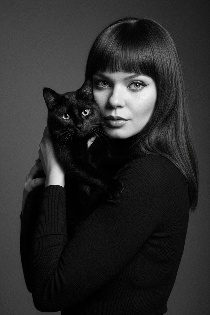 Высококонтрастный черно-белый портрет женщины в черной водолазке, держащей чёрную кошку у лица. Композиция напряжённая и интимная: оба персонажа смотрят прямо в камеру с одинаковой интенсивностью. Яркое и направленное освещение создаёт глубокие тени и подчёркивает контраст между их бледной кожей и тёмной шерстью кошки. Выражение её лица спокойное и уверенное, глаза подведены чётко, а гладкие прямые волосы естественно ниспадают на одно плечо. Фон - градиент от серого к темно-серому. Общее настроение таинственное, элегантное и кинематографичное, напоминающее портрет из модного журнала с готическим подтекстом.