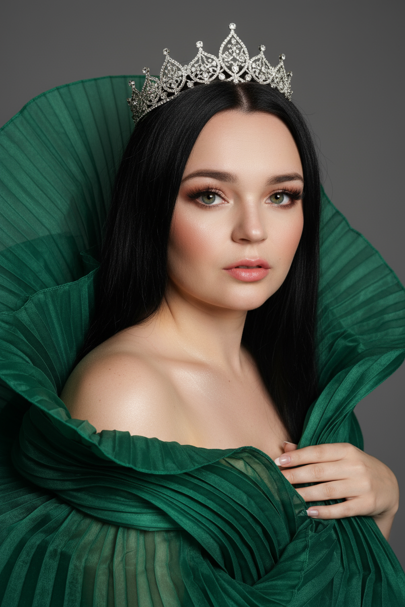    Создайте гиперреалистичный профессиональный студийный портрет женщины с волосами, уложенными на ровный пробор посередине, которые каскадом ниспадают на левое плечо (справа от зрителя) и частично скрыты за правым плечом (слева от зрителя). Камера снимается с немного низкого уровня глаз, глядя прямо на модель, охватывая ее от середины груди и выше. Голова слегка наклонена, взгляд прямой и притягательный.
Ее кожа безупречно гладкая и интенсивно сияет, словно подсвеченная мощным, сфокусированным источником света, подчеркивая мельчайшие поры и естественную текстуру кожи с сияющим, почти воздушным свечением, особенно в области декольте, плеч и верхних линий лица.

Её макияж тщательно проработан:
Глаза: чётко очерченные, ухоженные брови с заметными волосками, мягкие тени тёплых тонов (персиково-розовые и светло-коричневые) с лёгким мерцанием, чёткая чёрная подводка для глаз, создающая нежный кошачий взгляд, и идеально распущенные, объёмные ресницы, подчеркивающие каждую ресничку, с лёгким акцентом на нижних ресницах. Во внутреннем уголке глаза выделяется яркий блик. Радужки глаз отражают рассеянный студийный свет с изысканными узорами.
Щёки: лёгкий, растушёванный румянец натурального розового или персикового оттенка, изящно очерченные скулы и интенсивный, почти влажный блик на выступающих частях лица (скулы, переносица, дуга Купидона), создающий эффект увлажненности и сияния. Губы: губы нежного, естественного кораллово-розового или розово-персикового цвета с мягким атласным финишем, подчеркивающим тонкие естественные линии и текстуру губ, с лёгким бликом на дуге Купидона.

Она изящно одета в объёмную, струящуюся ткань с изящной плиссировкой, напоминающую прозрачный атлас или шёлк. Плиссированная ткань эффектно обрамляет фигуру, создавая объёмную, почти органичную форму, которая высоко поднимается за головой и огибает левое плечо (правое для зрителя), изящно струясь по груди и открывая обнажённые плечи. Материал обладает лёгким, сияющим блеском и мягкой полупрозрачностью, улавливая и отражая студийный свет, подчёркивая его роскошную текстуру и плавные движения. Складки очень детализированы, создавая глубокие тени и яркие блики, которые подчёркивают волнистую форму, а некоторые участки ткани также демонстрируют повышенную светоотражающую способность. Её правая рука (левая для зрителя) нежно касается ткани у груди, на ней видны ухоженные ногти. Освещение выполнено по принципу софтбокса, но с более сильным, концентрированным основным светом для создания интенсивного свечения, сохраняя при этом мягкие тени, которые подчёркивают черты её лица и изгибы плеч без резкости. Фон — гладкий, однотонный средне-серый, обеспечивающий чистый контраст и полностью фокусирующийся на модели. Общее впечатление — утончённая элегантность, изящество и гиперреалистичная детализация, передающая каждый нюанс её красоты, выражения лица и сложную текстуру её волос, кожи и одежды. Черты лица и особенности её внешности должны быть точно воспроизведены с референсной фотографии. Плиссированная ткань изумрудно-зелёного цвета. Серебряная корона на голове.