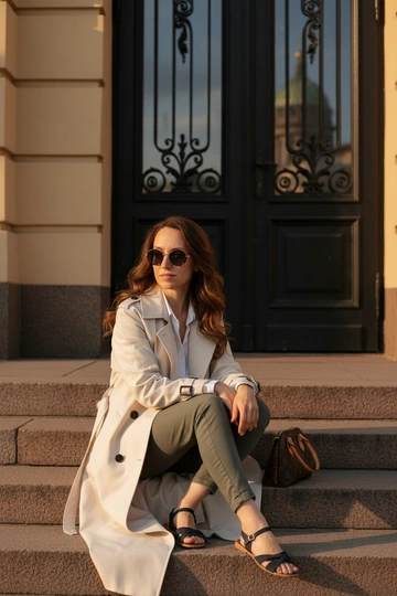 Фотосессия в Санкт-Петербурге на фоне старинной архитектуры города. Одежда: цвета слоновой кости trench coat с черными пуговицами, белая рубашка. Прическа: объемные волны. Освещение теплое, с мягким фокусом, что придает образу мечтательное качество. Цветовая палитра теплая и насыщенная. Закатное солнце. Сидит на ступеньках перед черной дверью с коваными элементами. Рядом с ней стоит небольшая коричневая сумка louis vuitton. Она сидит, скрестив ноги и положив руки на колени. На ней надеты темные солнцезащитные очки в тонкой золотой оправе овальной формы