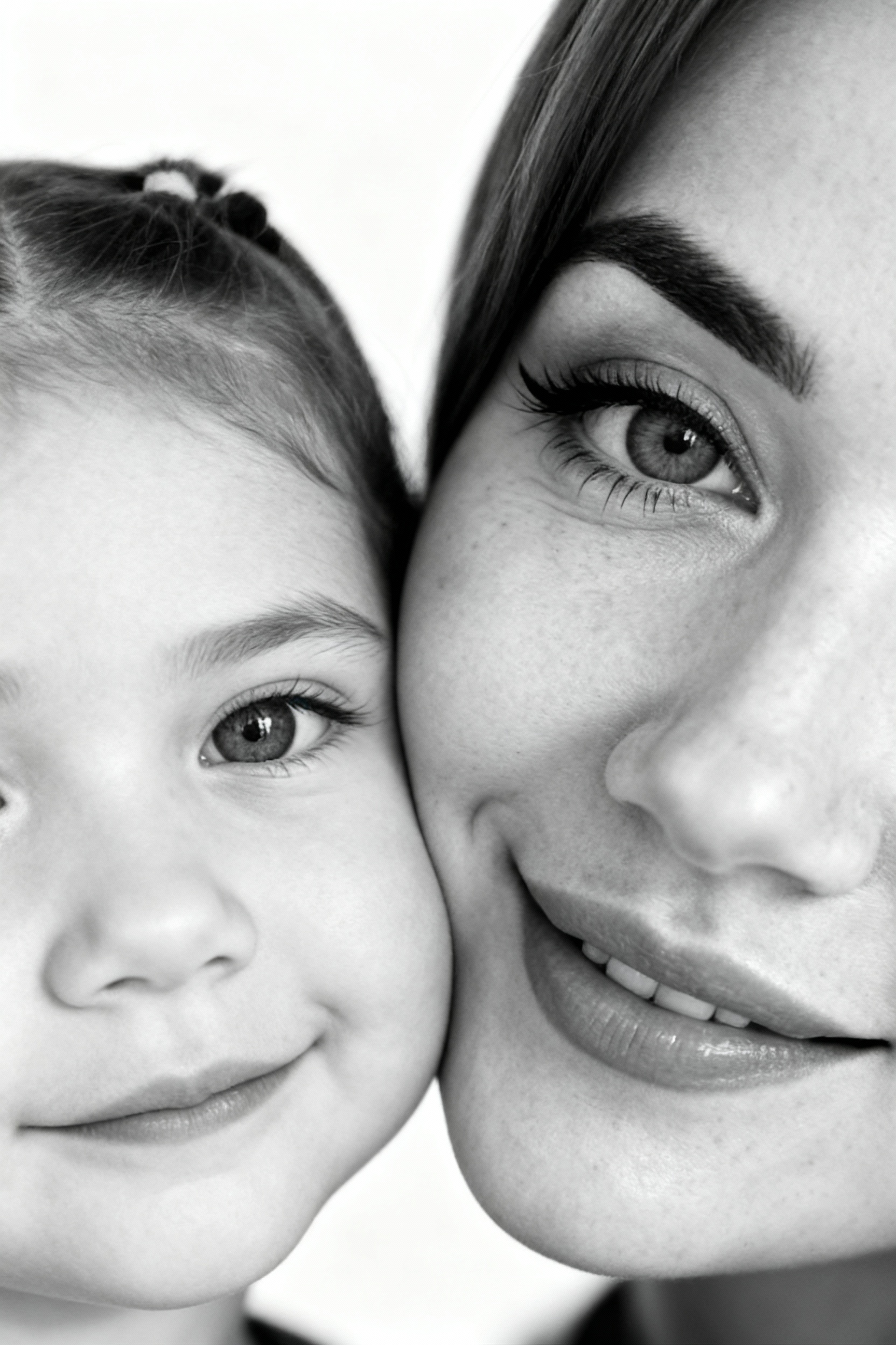 Сверхреалистичная черно-белая художественная фотография 8K женщины и ребенка, снятая очень крупным планом, щека к щеке так что видны только правая половина лица женщины и левая половина лица ребенка. которые смотрят в камеру. Их лица расположены рядом, почти соприкасаясь, образуя идеально сбалансированную симметричную композицию. Каждая деталь передана с фотографической точностью: тонкая текстура кожи и плавные градиенты света и тени. Видимая половина женщины включает ее бровь, один глаз , часть ее носа, щеку и губы, слегка приоткрытые в нежной, естественной улыбке, Видимая половина ребенка включает один глаз , круглую мягкую щеку, часть носа и небольшую улыбку, Фон белый и слегка размытый, что подчеркивает эмоциональную близость между ними. Освещение мягкое и рассеянное, создает деликатный контраст и тональную глубину. На снимке запечатлены нежность, близость и связь между матерью и ребенком, запечатленные с потрясающей реалистичностью. Не меняй черты лиц. 