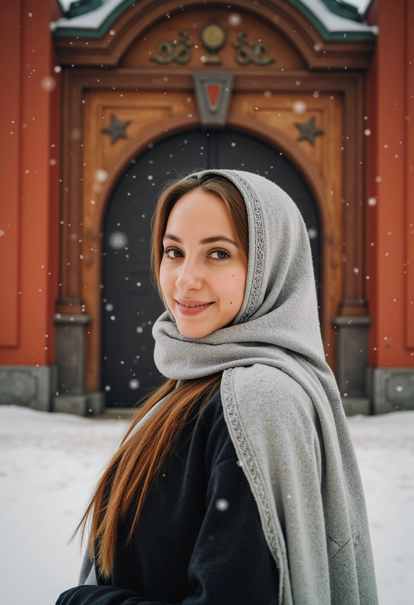 Женщина в традиционном русском платке стоит на фоне падающего снега рядом с яркими деревянными воротами Казанского кремля, смотрит прямо в камеру