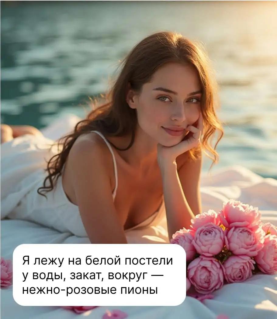 Женщина лежит на белом постельном белье у воды на закате, рядом — букет нежно-розовых пионов. Теплый мягкий свет и романтичная атмосфера.